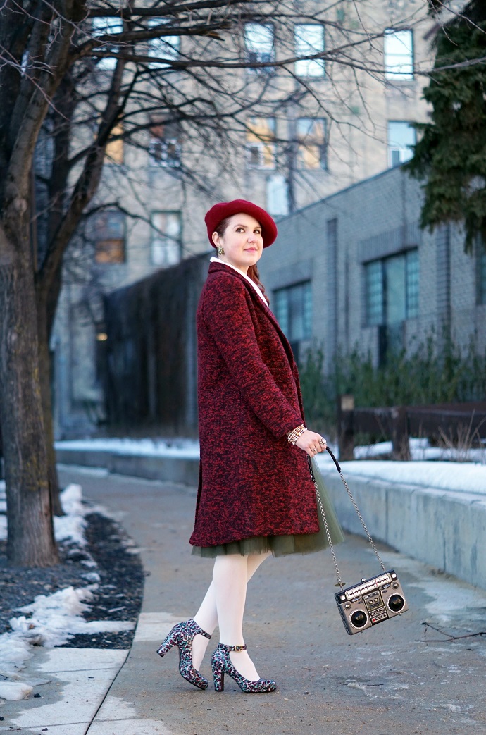 Winnipeg Style, Chicwish burgundy wine tweed winter coat, Chicwish embroidered bow blouse, Chicwish green tulle skirt, Chie Mihara tile suede patent leather Norman shoes, Mary Frances Tuned In boom box ghetto blaster clutch bag